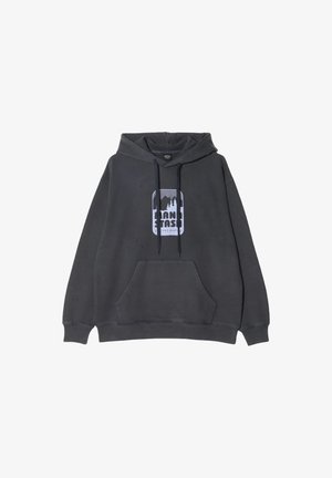 Hoodie grigio realizzato in misto cotone, con tasca a marsupio frontale e stampa grafica con alberi e montagne sul petto.