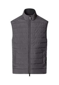 Grijze gewatteerde bodywarmer met een hoge kraag, ritssluiting aan de voorkant en zijzakken. Heeft een horizontale doorgestikte textuur en een discreet logo.