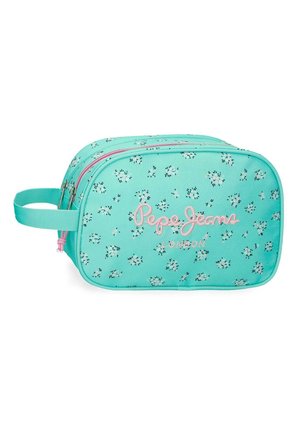 Bolsa de aseo rectangular turquesa con pequeño patrón floral, bordado rosa "Pepe Jeans London", asa lateral y cierre de doble cremallera.