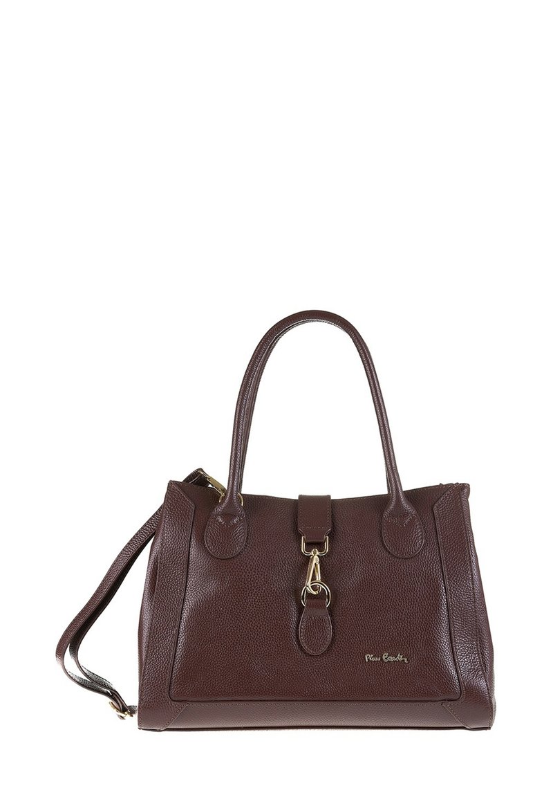 Borsa a tracolla in pelle marrone con finitura texturizzata, manici doppi, tracolla rimovibile e chiusura a linguetta frontale con hardware dorato.