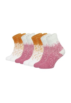 Set aus fünf Paaren von Knöchelsocken in Rosa, Weiß und Orange. Weiches Material mit einem Verlauf-Design und kleinen Sprenkeln.