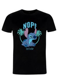 Černé bavlněné tričko s modrou kreslenou postavičkou s velkými ušima, textem "NE" a "Dnes ne," obklopené grafikou palmových stromů.