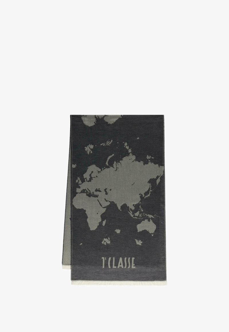 Coperta grigia scura con un design della mappa del mondo in grigio chiaro, con bordi frangiati e il testo "T'CLASSE" in basso.