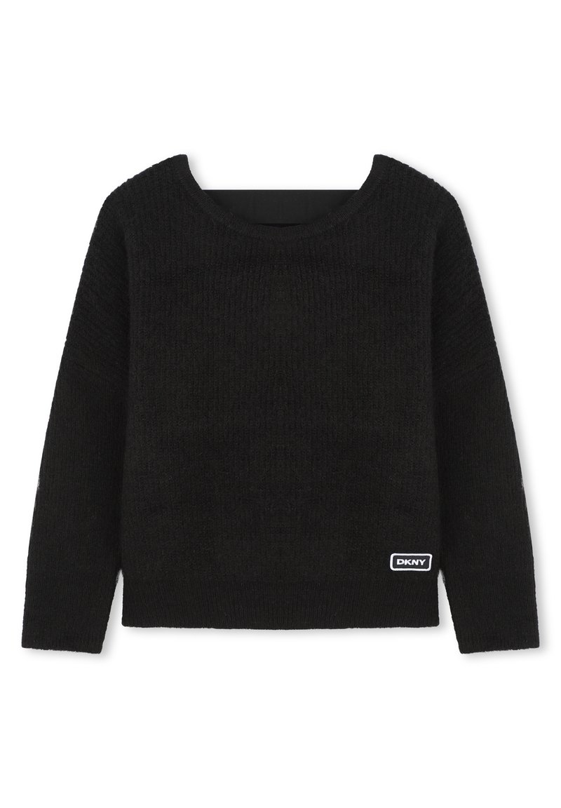 Maglione nero a maglia con maniche lunghe, scollatura rotonda, tessuto strutturato e una toppa con il logo DKNY sul lato sinistro in basso.