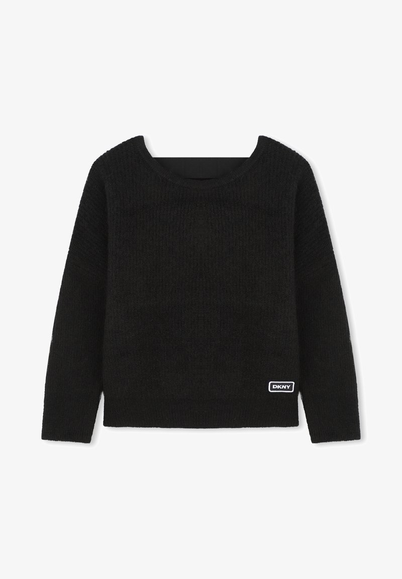 Maglione nero a maglia con maniche lunghe, scollatura rotonda, tessuto strutturato e una toppa con il logo DKNY sul lato sinistro in basso.