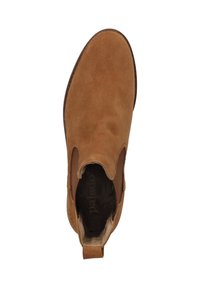 Stivale alla caviglia in suede marrone con pannelli laterali elastici, punta arrotondata e un sottopiede al tallone. Superficie strutturata, suola piatta in gomma.