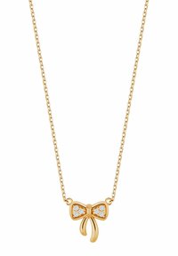 Złoty naszyjnik z zawieszką w kształcie kokardy, ozdobioną małymi, przezroczystymi kryształkami, zawieszoną na delikatnym łańcuszku. Elegancki design z gładkimi teksturami.