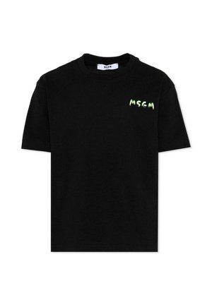 Zwart T-shirt met korte mouwen en een ronde hals, met een klein groen-gele "MSGM"-logo op de linkerborst gedrukt.