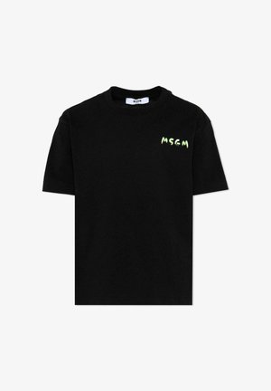 T-shirt noir à manches courtes avec un col rond et un petit logo "MSGM" vert-jaune imprimé sur le côté gauche de la poitrine.