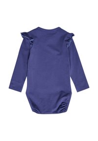 Langærmet bodysuit i ensfarvet mørk lilla, med flæser på skuldrene og sammensyning på ryggen. Blødt bomuldsstof.