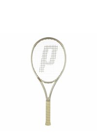 Tennis racket with a light gold frame and a white string pattern. The grip is textured with a beige color, featuring the letter "P" on the strings.