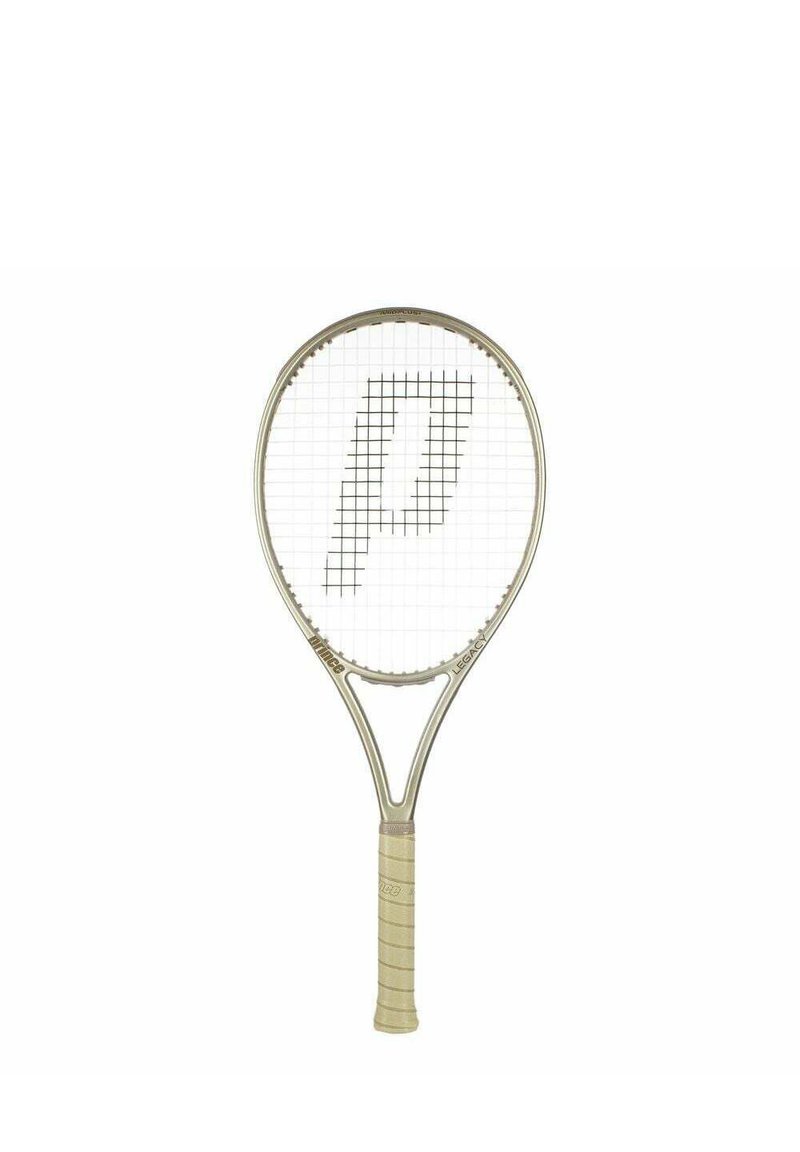 Tennis racket with a light gold frame and a white string pattern. The grip is textured with a beige color, featuring the letter "P" on the strings.
