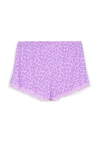 Shorts a stampa leopardata viola con vita elasticizzata e bordo in pizzo. Tessuto morbido con una vestibilità rilassata, caratterizzati da un sottile motivo a diffusione totale.
