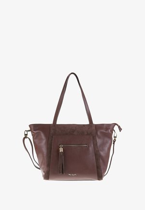 Bruine leren tote bag met suède accenten, voorzak met rits en franjes, dubbele schouderbanden en een afneembare crossbody strap.