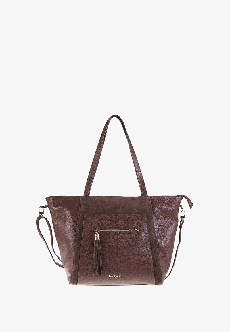 Borsa a spalla in pelle marrone con accents in suede, tasca frontale con zip e nappina, doppi manici e tracolla removibile.
