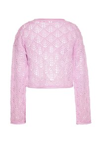 Cardigan rosa a maglia cropped con un motivo a lavoro aperto, dotato di maniche lunghe e scollo rotondo. Il filato testurizzato crea un design leggero.