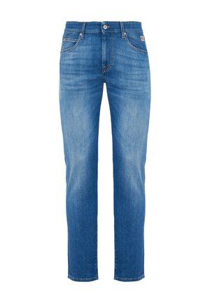 Jeans in denim blu con taglio classico, dotati di chiusura con bottone, cinque tasche e una leggera sbiaditura sui fianchi e sulle ginocchia.
