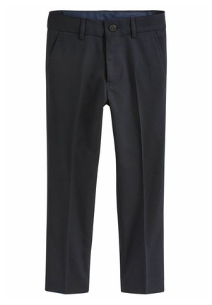 Pantaloni blu navy realizzati in tessuto liscio, con chiusura a bottone, tasche frontali inclinate e gambe dritte senza motivi visibili.