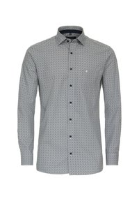 Męska koszula zapinana na guziki w czarno-białym kolorze, z geometrycznym wzorem, długimi rękawami i kołnierzykiem z delikatnym detalem logo.