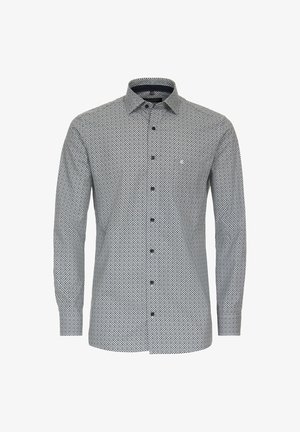 Męska koszula zapinana na guziki w czarno-białym kolorze, z geometrycznym wzorem, długimi rękawami i kołnierzykiem z delikatnym detalem logo.