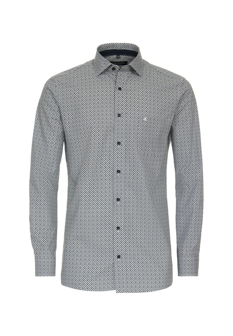 Męska koszula zapinana na guziki w czarno-białym kolorze, z geometrycznym wzorem, długimi rękawami i kołnierzykiem z delikatnym detalem logo.