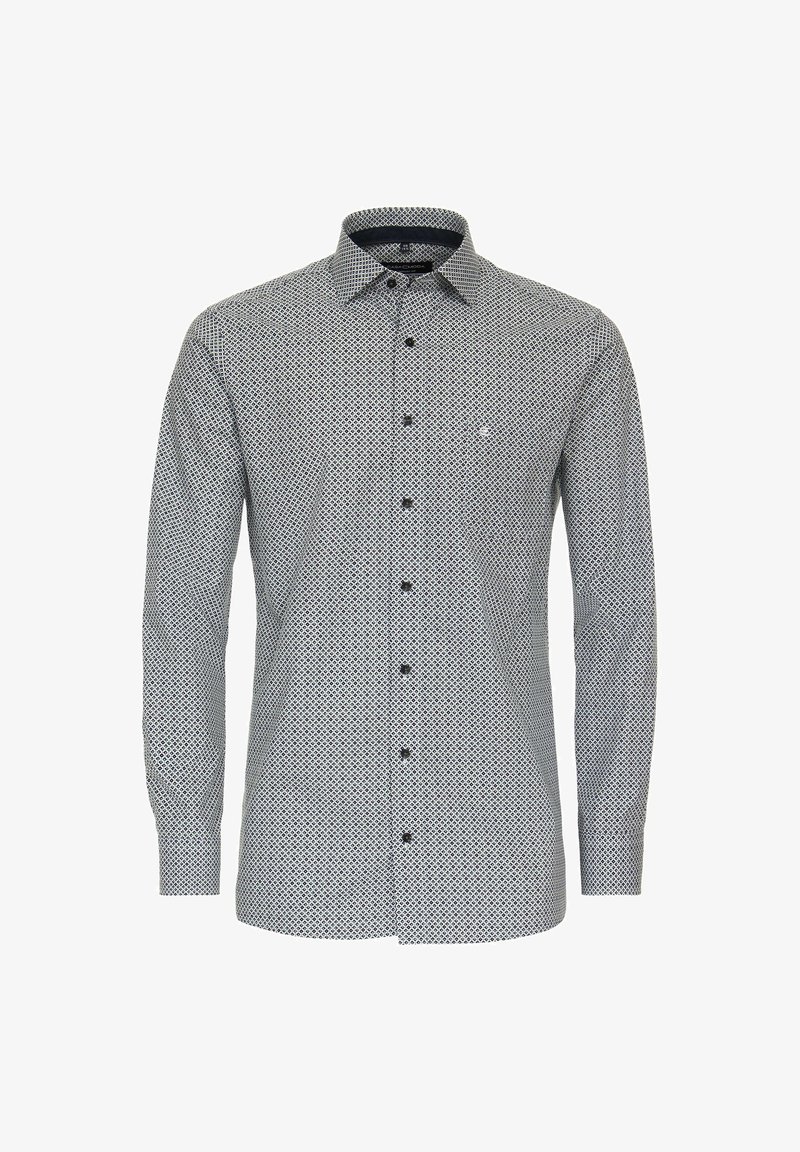 Męska koszula zapinana na guziki w czarno-białym kolorze, z geometrycznym wzorem, długimi rękawami i kołnierzykiem z delikatnym detalem logo.