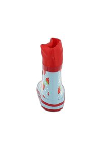 Botte de pluie en caoutchouc bleue avec des accents rouges et un haut pliable. Décorée de motifs de fraises et de pois blancs. Semelle en caoutchouc rouge.