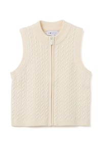 Gilet senza maniche color crema in maglia con motivo a trecce, bordi a coste e chiusura frontale con cerniera.