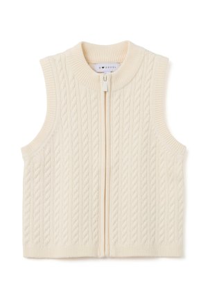 Cream-colored sleeveless knitted vest with a cable pattern, ribbed edges, and a front zipper closure.