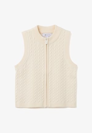 Cremefarbenes, ärmelloses, gestricktes Weste mit Zopfmuster, gerippten Rändern und einem Reißverschluss vorne.