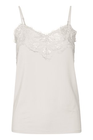 Lace cami-top i lys creme med justerbare stropper, en scalloped lace-overlays på bodice, og glat stof med delikat struktur.