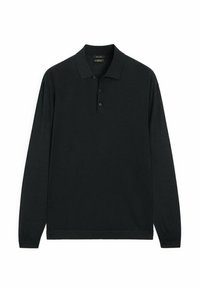 Schwarzes Langarm-Poloshirt mit einem klassischen Kragen, Knopfverschluss und gerippten Bündchen. Glatte Textur mit normaler Passform.