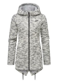 Veste en polaire grise chinée à manches longues, à zip et à capuche, avec un ourlet à cordon de serrage, arborant un petit logo noir sur la poitrine.