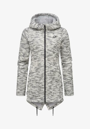 Long-sleeve gray marled zip-up fleece jacket with hood and drawstring hem, featuring a small black logo on the chest.