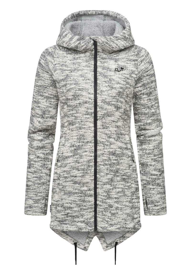 Veste en polaire grise chinée à manches longues, à zip et à capuche, avec un ourlet à cordon de serrage, arborant un petit logo noir sur la poitrine.