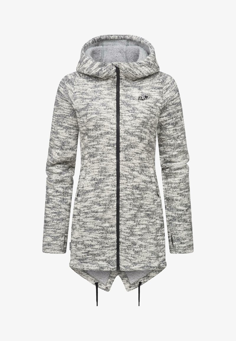 Veste en polaire grise chinée à manches longues, à zip et à capuche, avec un ourlet à cordon de serrage, arborant un petit logo noir sur la poitrine.