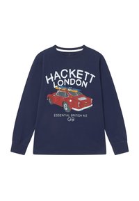 Námořnické tričko s dlouhým rukávem s grafikou červeného auta se surfovacími prknami a textem "HACKETT LONDON ESSENTIAL BRITISH KIT" v bílé barvě.