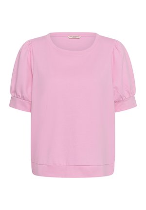 Blouse rose clair à manches courtes avec manches bouffantes, encolure ronde et poignets ajustés aux extrémités des manches.