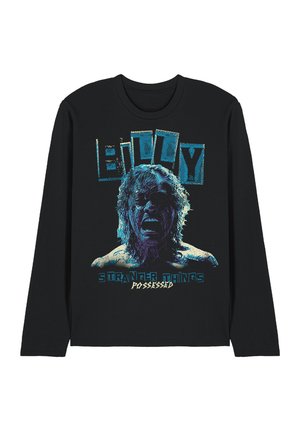 Schwarzes Langarmshirt mit Grafik eines schreienden Mannes und dem Text "Billy" sowie "Stranger Things Possessed" in Blau und Weiß.