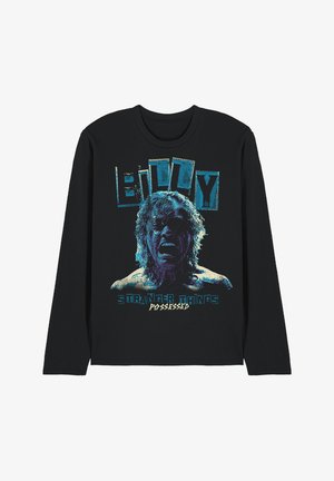 Schwarzes Langarmshirt mit Grafik eines schreienden Mannes und dem Text "Billy" sowie "Stranger Things Possessed" in Blau und Weiß.