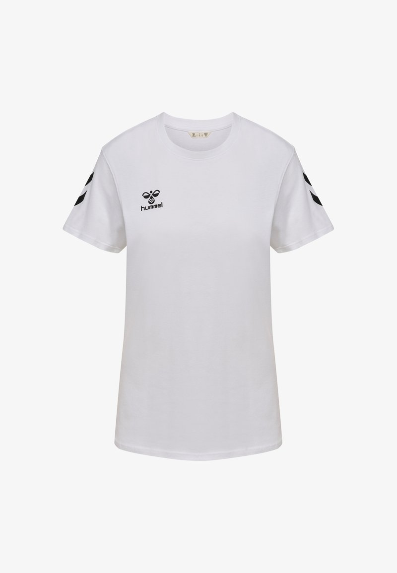 T-shirt en coton blanc à manches courtes, avec un logo noir et deux motifs en forme de chevrons noirs sur chaque manche. Texture douce, coupe standard.