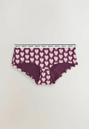 Undergarments hipster in cotone viola con un motivo ripetuto di cuori rosa e una vita bianca con il marchio "NEXT".