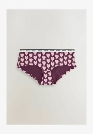 Chiloți hipster din bumbac mov, cu un model repetitiv de inimi roz și un tiv alb cu branding "NEXT".