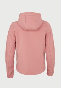 Veste d'extérieur rose avec capuche, présentant une texture lisse, une coupe ajustée et des poches latérales. Marquage discret à l'arrière.