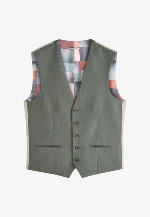 Gilet grigio con un esterno a trama solida, cinque bottoni marroni e un rivestimento interno colorato con un motivo a quadrati in tonalità pastello.