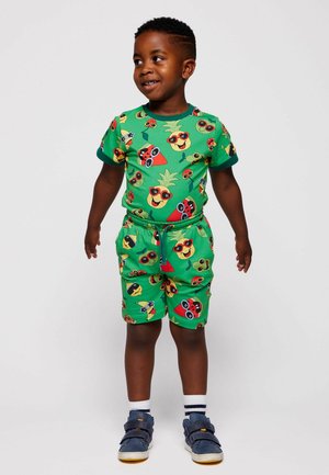 Noor poiss, kes kannab rohelise tooniga ühesuguse mustriga särki ja lühikesi pükse, millel on värvikirevad multikad ananasside ja arbuusidega, seisab ja naeratab.