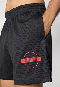 Svart mesh trening shorts med sidelommer, med en rød sirkulær logo og teksten "BULLS." Elastisk midjebånd for justerbar passform.