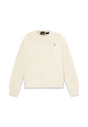 Beige Timberland crewneck-trui met lange mouwen, geribbelde boordjes en zoom, en een klein boomlogo op de linkerborst.