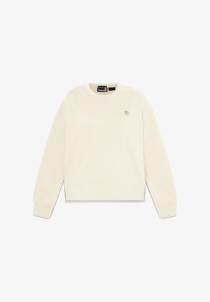 Sweatshirt Timberland beige à col rond avec manches longues, poignets et ourlet côtelés, et petit logo arbre sur la poitrine gauche.