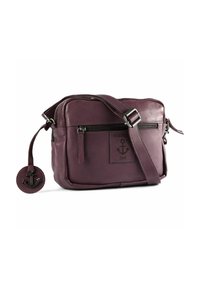 Violette Leder-Umhängetasche mit verstellbarem Riemen, Reißverschlusstasche, geprägtem Anker-Logo und rundem Anhänger mit Ankerdetail.